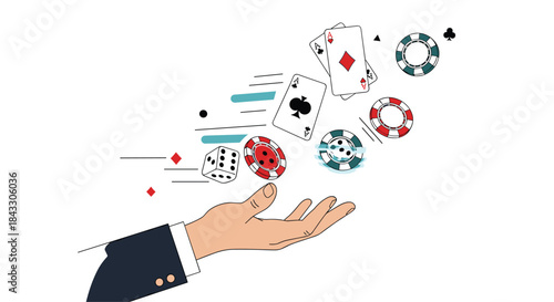 A hand tossing playing cards, dice, and poker chips, representing the thrill and risk of gambling at a casino.