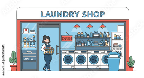 A woman at a self-service laundry shop, holding a basket of fresh clothes in front of modern washing machines.