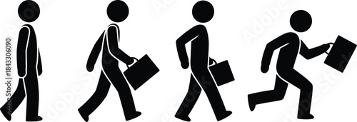 Black stick figure men with briefcases illustrate various paces of business travel and daily routines