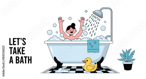 A happy person relaxing in a bubble bath with a rubber duck, illustrating the concept of self-care and personal hygiene.