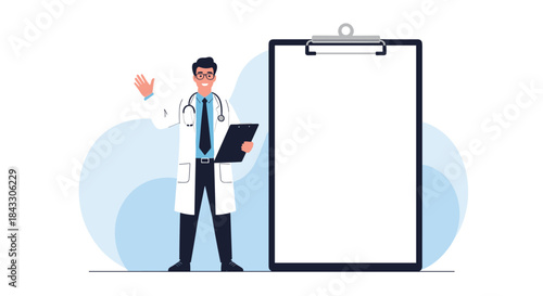 A friendly male doctor standing beside a large blank clipboard, offering a space for medical notes, patient information, or a health checklist.