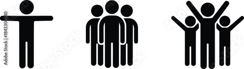 Black stick figures illustrating a single person, a small group, and happy raised arm people