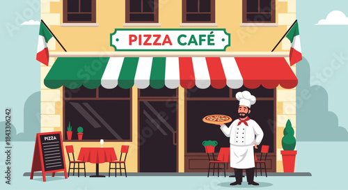 A friendly Italian chef holding a fresh pizza outside his traditional pizza cafe with a red, white, and green striped awning.