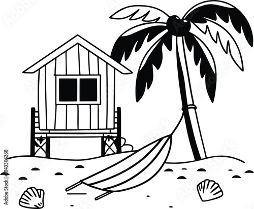 Tropical island paradise: A vector silhouette illustration of a hammock and hut on a summer beach with palm trees, blue sky, and ocean water