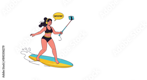 A modern woman surfing on a wave while taking a selfie and listening to music, expressing excitement with a 'woow' speech bubble.