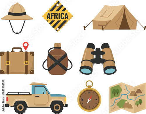 Set of Flat Design Icons for Africa Safari and Adventure, Including Hat, Compass, Binoculars, Map, Tent, Water Bottle, and Truck, Vector