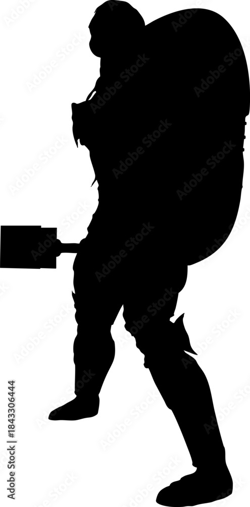 Naklejka premium Silhouette illustration of a medieval warrior in full armor, standing upright while holding a large war hammer in one hand and a shield in the other. Bold and powerful black figure.