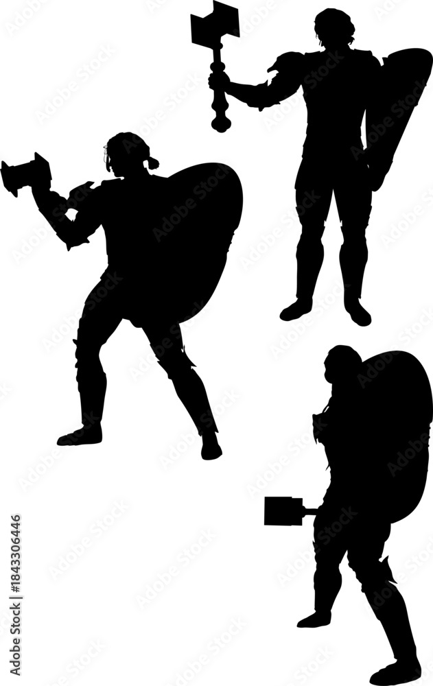 Naklejka premium Silhouette illustration of a medieval warrior in full armor, standing upright while holding a large war hammer in one hand and a shield in the other. Bold and powerful black figure.