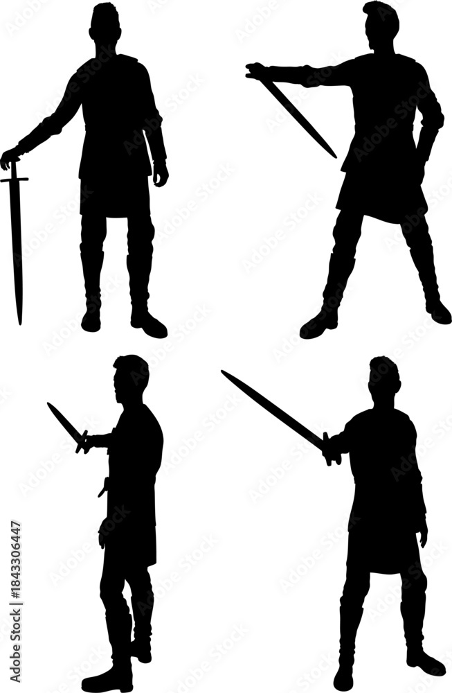 Obraz premium Black silhouette of a warrior holding a sword in hand, wearing armor like clothing. Strong heroic stance emphasizes strength, courage, and battle readiness in a bold outline style.