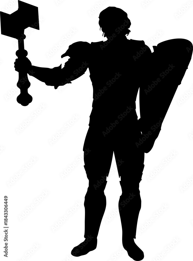 Naklejka premium Silhouette illustration of a medieval warrior in full armor, standing upright while holding a large war hammer in one hand and a shield in the other. Bold and powerful black figure.
