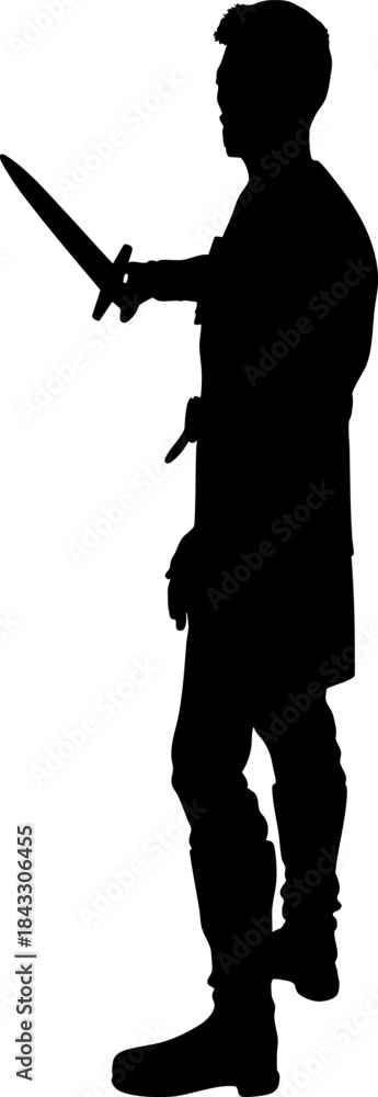 Naklejka premium Black silhouette of a warrior holding a sword in hand, wearing armor like clothing. Strong heroic stance emphasizes strength, courage, and battle readiness in a bold outline style.