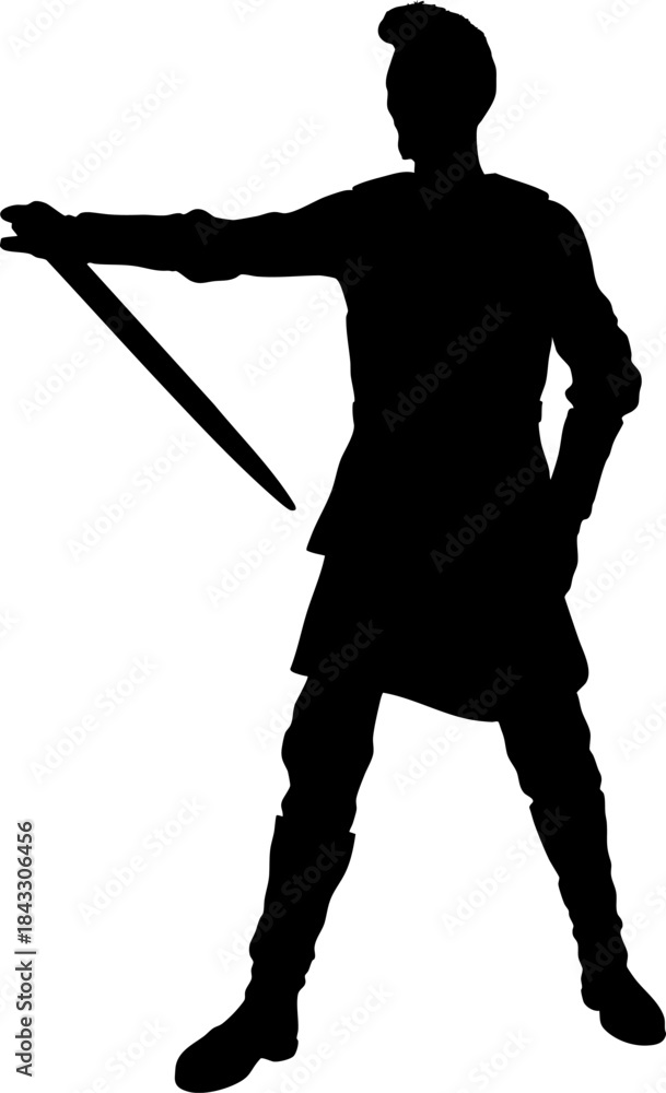 Naklejka premium Black silhouette of a warrior holding a sword in hand, wearing armor like clothing. Strong heroic stance emphasizes strength, courage, and battle readiness in a bold outline style.