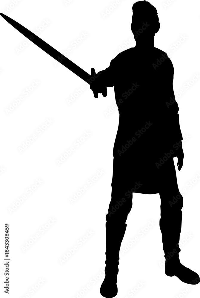 Naklejka premium Black silhouette of a warrior holding a sword in hand, wearing armor like clothing. Strong heroic stance emphasizes strength, courage, and battle readiness in a bold outline style.