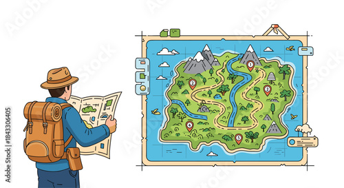 A backpacker holding a map and planning his adventure route on a large treasure map of a mysterious island with various locations.