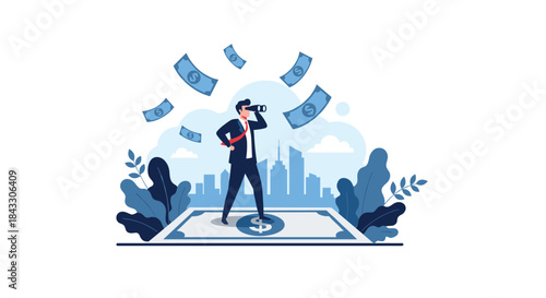 A businessman standing on a giant dollar bill uses binoculars to search for financial opportunities and investments in the city.