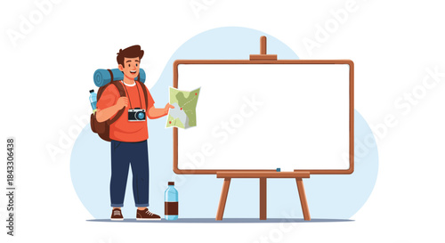A young male tourist with a backpack and map stands next to a blank whiteboard, ready to present a travel plan or adventure itinerary.
