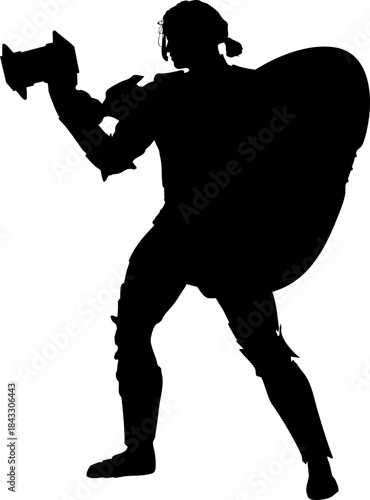 Silhouette illustration of a medieval warrior in full armor, standing upright while holding a large war hammer in one hand and a shield in the other. Bold and powerful black figure.