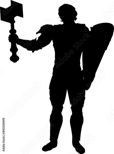 Silhouette illustration of a medieval warrior in full armor, standing upright while holding a large war hammer in one hand and a shield in the other. Bold and powerful black figure.