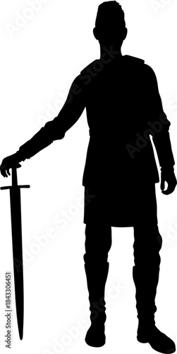 Black silhouette of a warrior holding a sword in hand, wearing armor like clothing. Strong heroic stance emphasizes strength, courage, and battle readiness in a bold outline style.