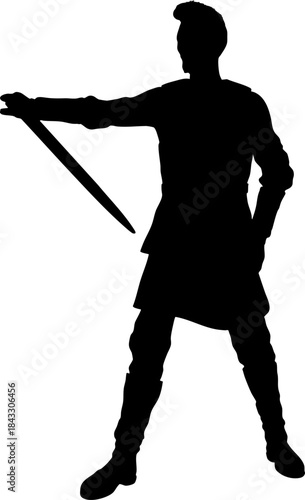Black silhouette of a warrior holding a sword in hand, wearing armor like clothing. Strong heroic stance emphasizes strength, courage, and battle readiness in a bold outline style.