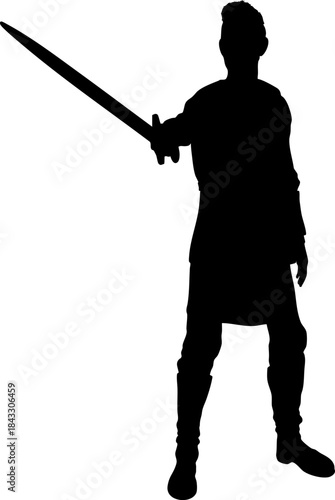 Black silhouette of a warrior holding a sword in hand, wearing armor like clothing. Strong heroic stance emphasizes strength, courage, and battle readiness in a bold outline style.