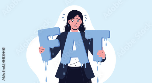 A stressed woman holds the melting word 'FAT,' symbolizing her anxiety and desire to lose weight and burn fat.