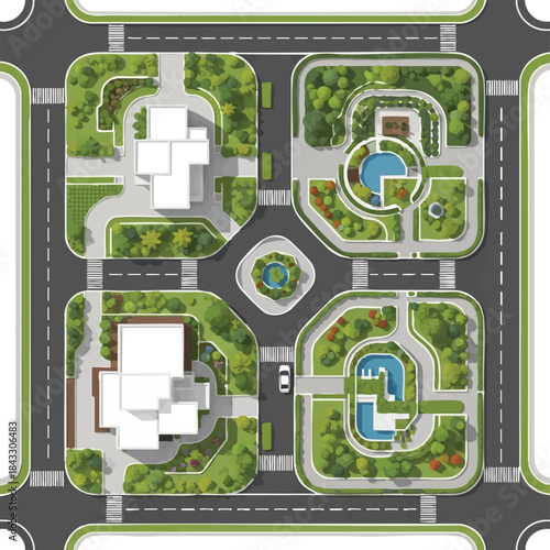 Cityscape Harmony: A detailed overhead view of a well-planned cityscape, showcasing modern architecture and green spaces that emphasize urban harmony.