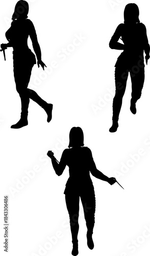 Black silhouette of a woman holding a knife in her hand, capturing energy and movement. Mysterious, strong, and bold female figure, perfect for themes of danger, crime, or action concepts.