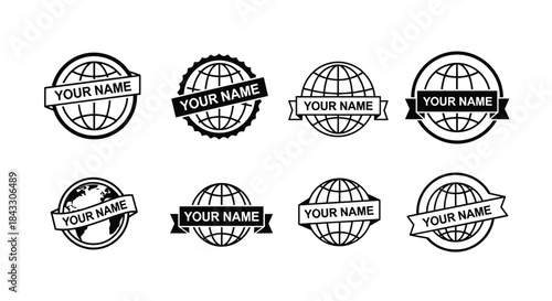 A collection of eight black and white vintage-style globe logos and stamps with a ribbon banner for your company or brand name.