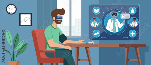 Patient wearing VR glasses, engaging with healthcare professionals displayed on screen. Scene highlights advanced technology, telemedicine, innovative healthcare solutions for improved patient care.