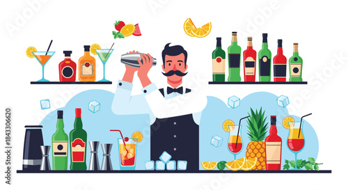 A mustachioed bartender in a vest and bow tie skillfully shakes a cocktail mixer behind a bar stocked with bottles and glasses.