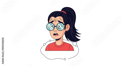 An exhausted young woman with glasses, dark circles under her eyes, and a tired expression looks completely worn out and fatigued.
