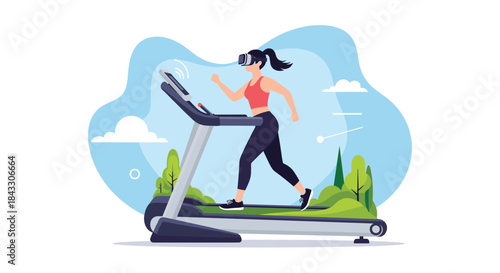 A woman wearing a VR headset exercises on a treadmill, running through a virtual park environment with trees and blue skies.