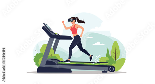 A woman in athletic wear and a VR headset runs on a treadmill, immersed in a virtual outdoor park setting for her workout.