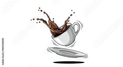 A white coffee cup and saucer are frozen mid-air as dark coffee splashes out dramatically against a plain white background.
