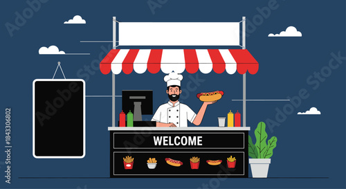 A friendly chef with a beard stands in a street food stall with a red and white awning, holding up a hot dog.
