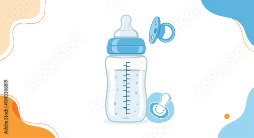 A clear baby bottle with measurement markings is filled with milk, shown alongside two blue pacifiers, one with a cute bear icon.