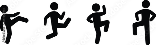 Four black silhouette figures demonstrate various leg exercises and active movements on a clean white background