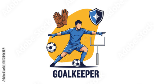 A soccer goalkeeper in a blue uniform stands ready to defend the goal, surrounded by icons of a ball, gloves, and a shield.