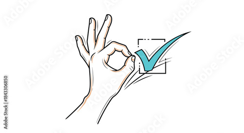 A sketched hand makes an 'OK' gesture while holding a large green checkmark in a box, symbolizing approval and success.
