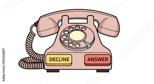 A pink retro rotary telephone is humorously updated with modern 'ANSWER' and 'DECLINE' buttons instead of a traditional cradle.