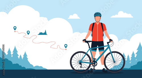 A cyclist in a helmet and athletic gear stands with his bicycle on a road, with a dotted map route marker behind him.