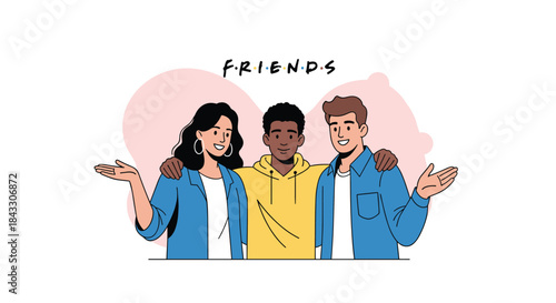 Three diverse, smiling young friends?two men and one woman?stand together with their arms around each other under the word 'FRIENDS'.