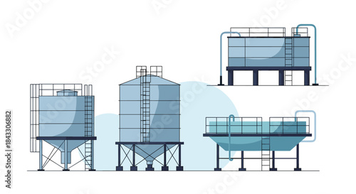 A set of four industrial storage tanks and silos in various shapes and sizes, used for storing liquids, grains, or powders.