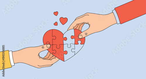 Two pairs of hands come together to complete a heart-shaped jigsaw puzzle, symbolizing love, relationships, and finding a match.