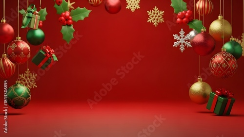 Festive Christmas Ornaments and Holly on Red Background