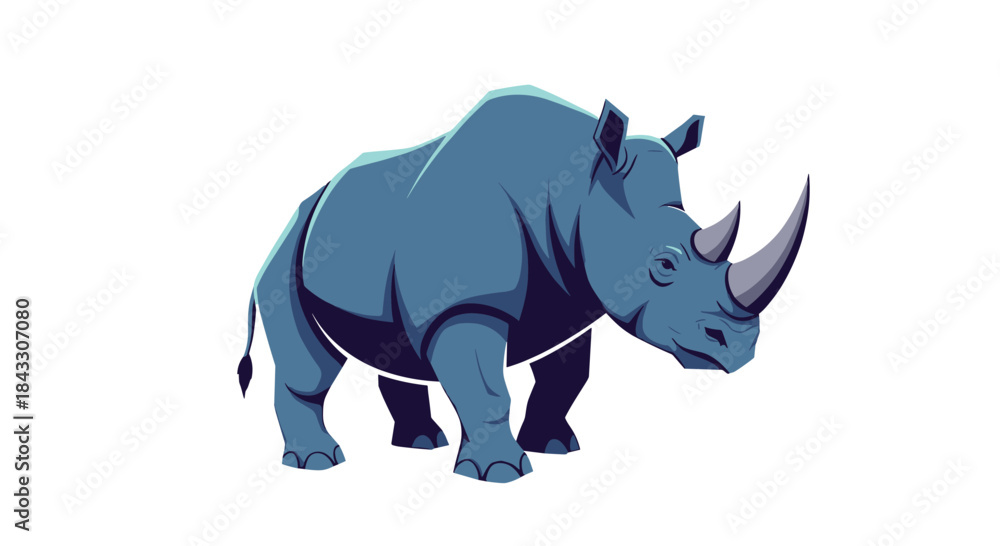 Obraz premium Stylized and powerful illustration of a large rhinoceros with a prominent horn, depicted in cool blue and purple tones vector.