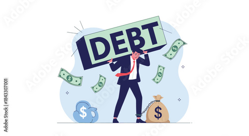 An overwhelmed businessman struggles under the heavy weight of a block labeled 'DEBT' while chained to a money bag and cash floats.