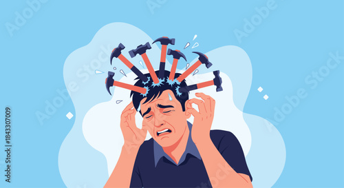 A man in extreme pain clutches his head as multiple hammers are shown pounding into his skull, representing a severe headache.
