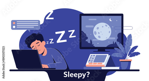 A tired person has fallen asleep at their desk while working late at night on a laptop, with Z's floating above their head.